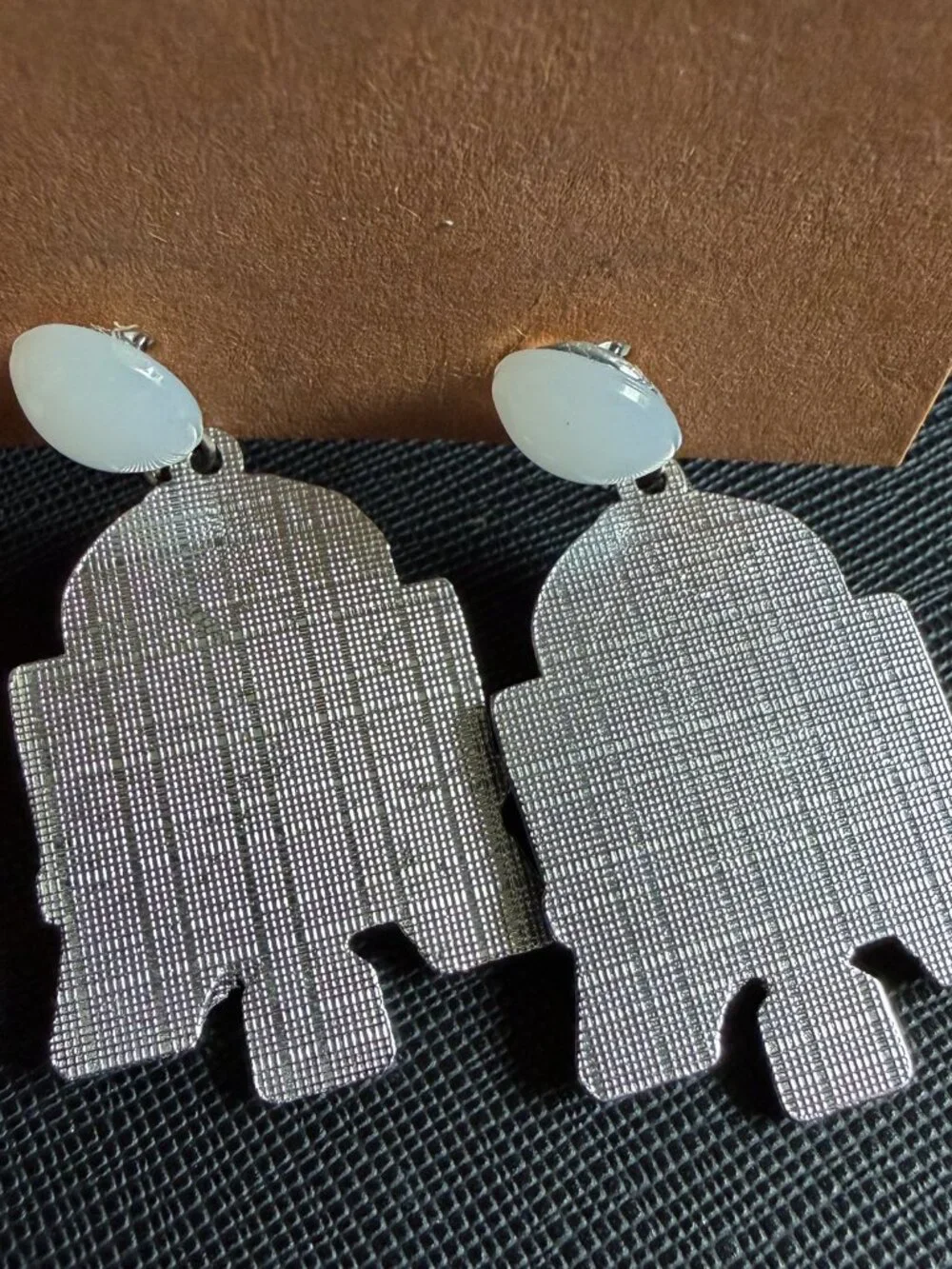 Star Wars R2-D2 Handmade Metal Dangle Earrings with Acrylic Moonstone Studs - Picture 4 of 8